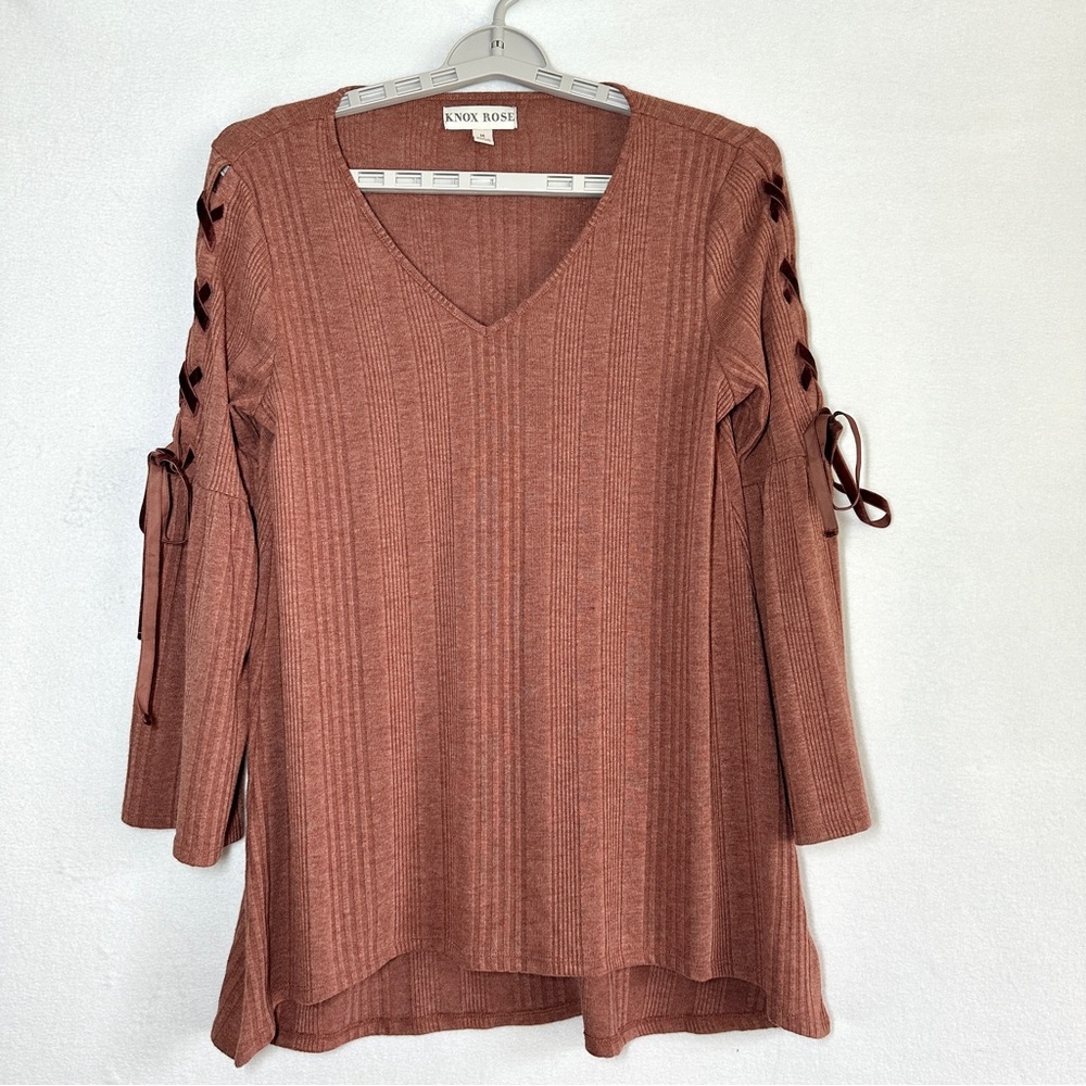 Knox Rose Mauve Pullover Knit Top M Velvet Lace Up Sleeves Hi Low Lightweight